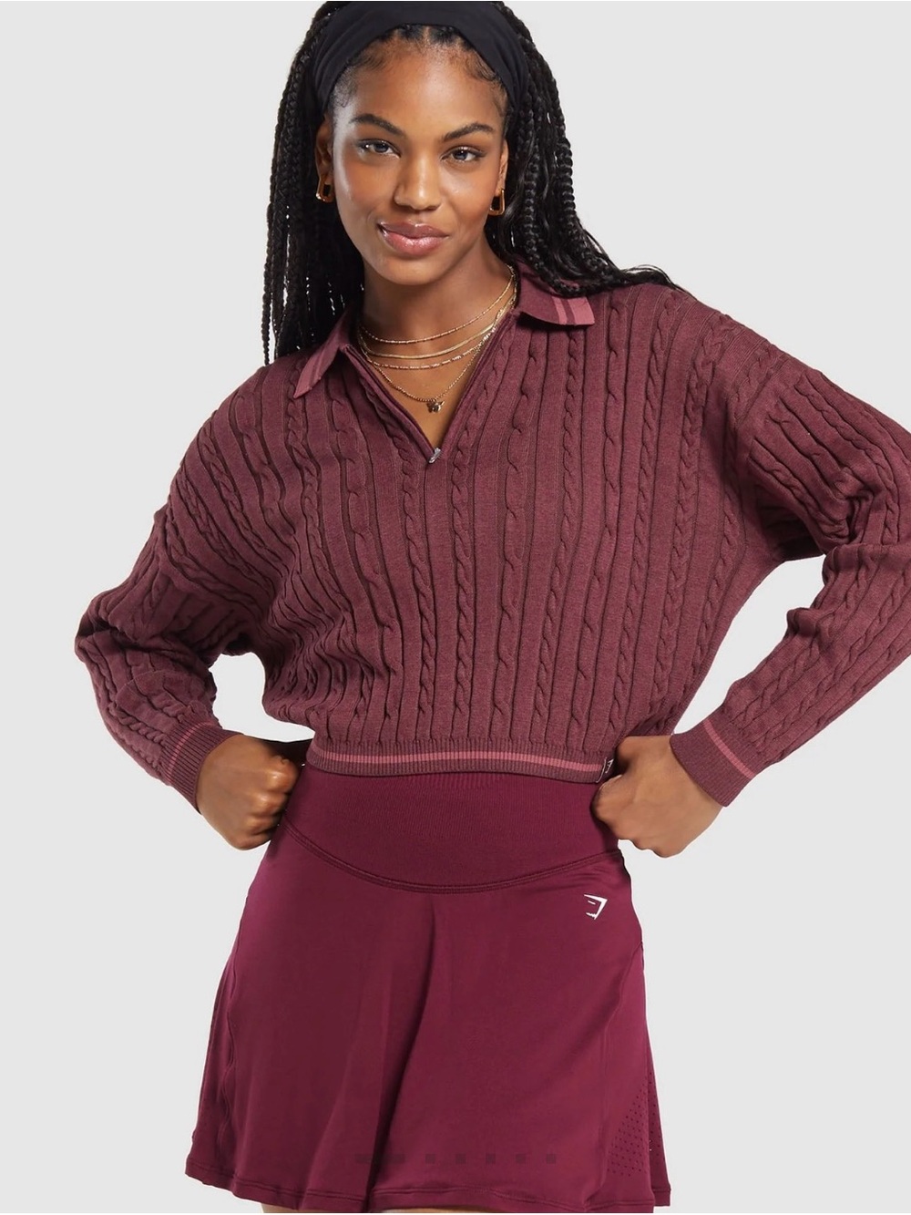 Gymshark Rest Day Cable-Knit Pullover With Half-Zip in Burgundy/Soft Berry XS